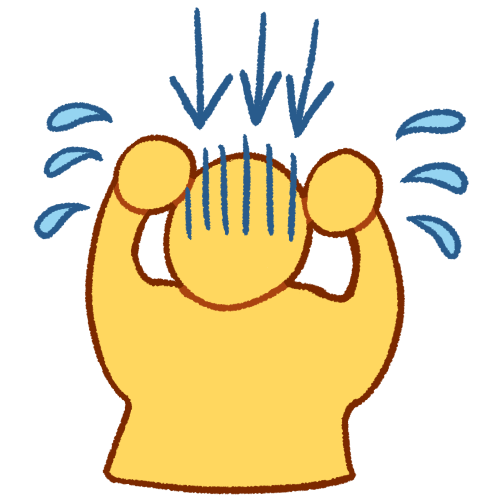 A drawing of an emoji yellow person putting their hands on their head and sweating profusely, with dark blue lines over their face, indicating anxiety. Above them, there are three dark blue arrows pointing down at them.